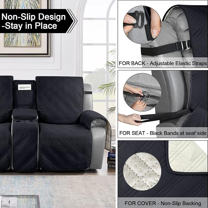 TAOCOCO 100% Waterproof Recliner Couch Covers for 3 Cushion Couch with Console, Recliner Sofa Cover for 3 Seat Sofa, Split Reclining Sofa Cover Furniture Pets Kids Protector (3 Seater, Black)