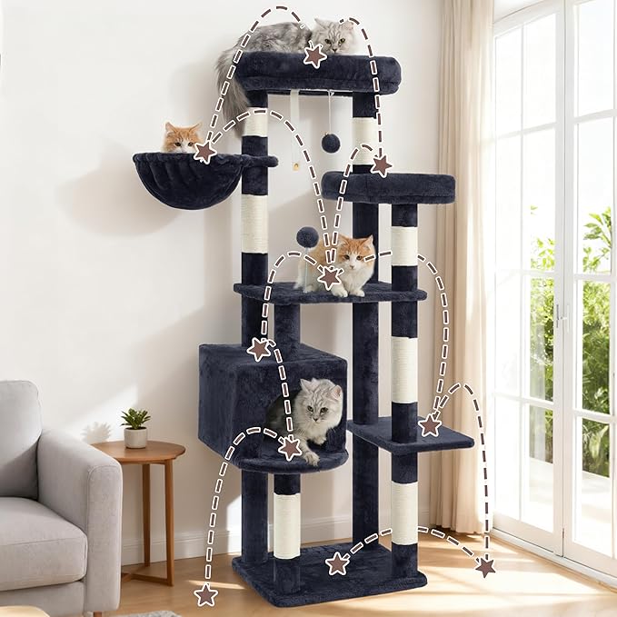Gitelsnour Cat Tree for Indoor Cats, 55.1 inch Cat Tower with 7 Sisal Scratching Posts, Multi-level Cat Condo wit Large Play Platform Furry Ball, Cat Cave, 2 Padded Perches, Basket, Smoky Gray GCT013G