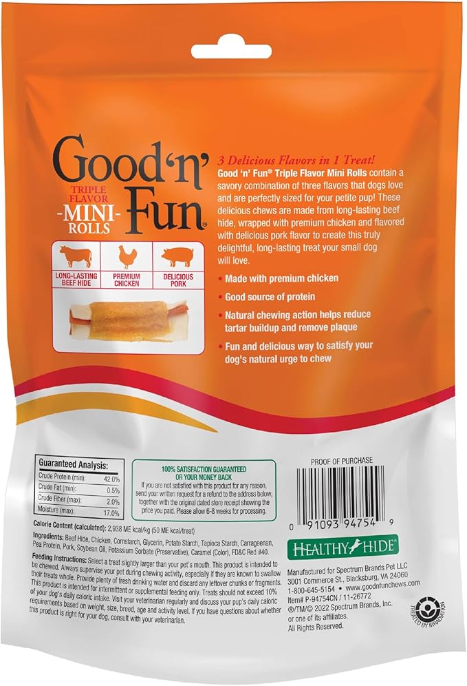 GOOD 'N' FUN Mini Rolls Long-Lasting Treat for Small Dogs, with Real Proteins, Beef Hide and Premium Chicken, Supports Dental Health, Mental Stimulation, 8 oz