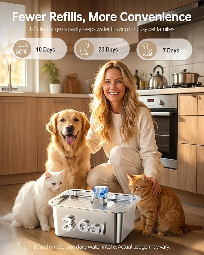 3Gal Large Dog Water Fountain Dispenser, 11L Stainless Steel Pet Fountain with 6 Filters, Ultra Quiet Automatic Dog Water Bowl Dispenser for Large & Multi-pet, Wide Drinking Area, Easy to Clean