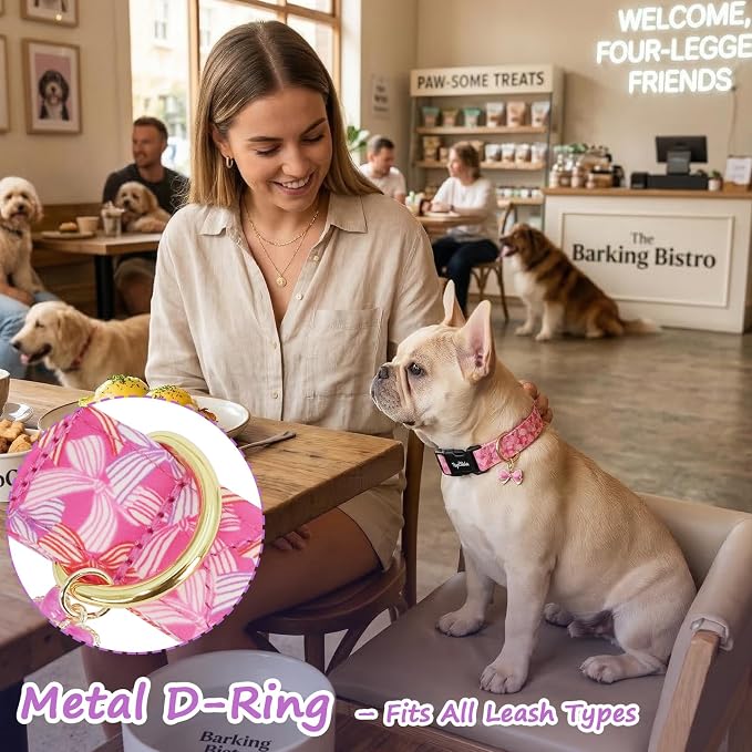 Cute Hot Pink Dog Collar with Bow Print, Spring Summer Puppy Collar with Adjustable Buckle, Soft Cotton Pink Dog Collar for Small Medium Large Dogs-M