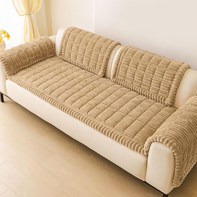 hyha Couch Cover for Dogs Washable, Non Slip Thick Flannel Sofa Protector, Pet Friendly Plush Furniture Cover for Sectional Sofa & Loveseat (Camel, 27.6" x 82.7")