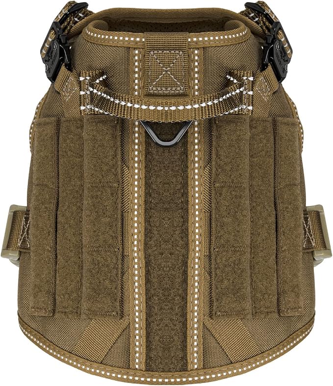 ICEFANG Tactical Dog Harness, Small Size,2X Metal Buckle,Working Dog MOLLE Vest with Handle,No Pulling Front Leash Clip,Hook and Loop Panel (Brown,S (Pack of 1))