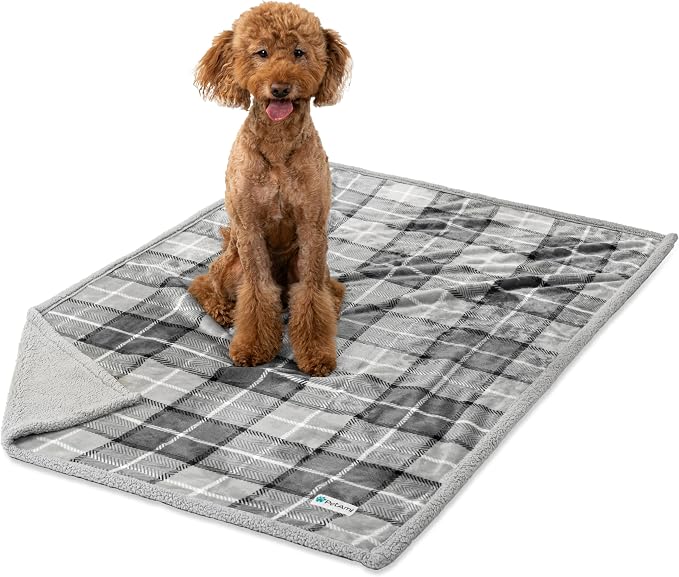 PetAmi Waterproof Dog Blanket for Couch, Extra Large 80x60, Pee Proof Sherpa Fleece Reversible Pet Throw, Furniture Protector for Bed Sofa Crate Kennel, Soft Washable Cover for Dogs, Plaid Light Grey