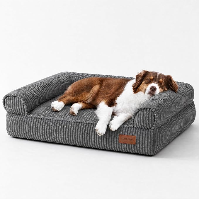 FUKUMARU Cute Dog Bed, Thickened Orthopedic Dogs Couch, 36in Egg Crate Foam Pet Sofa for Medium to Large Dogs, Waterproof Warm Corduroy Pet Bed with Washable Cover, Dark Grey