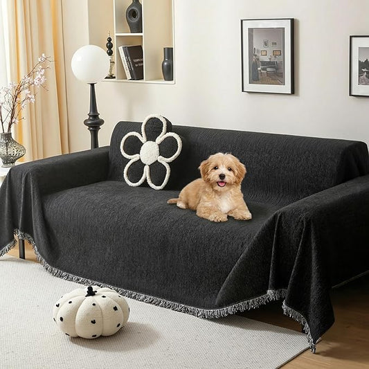 MEETSKY Pet Couch Covers for Sofa, Washable Sofa Covers for 3 CushionCouch, Chenille Couch Cover for Sectional Sofa, Thick Couch Protector Covers for Dogs, 91" x 134", Black