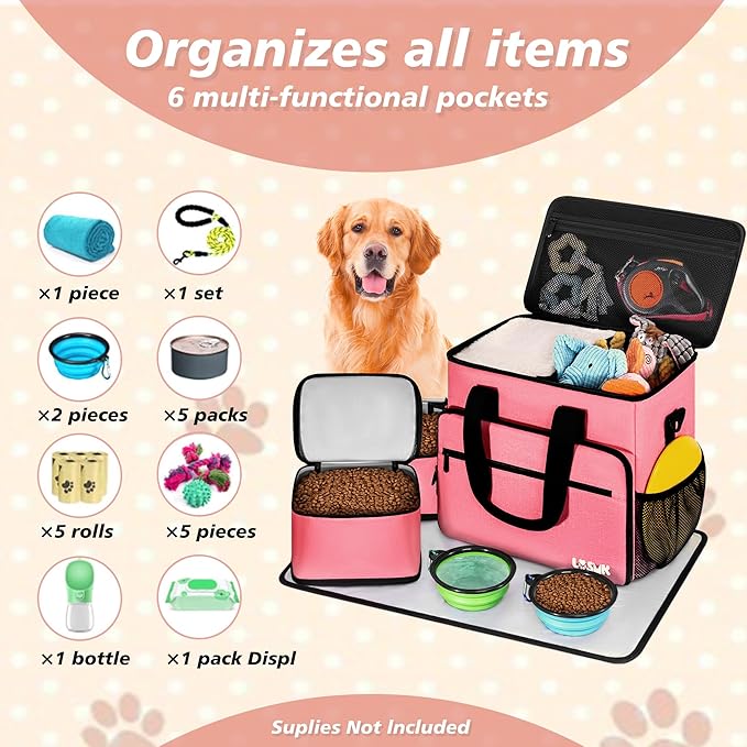 5 Set Dog Travel Bag for Supplies, Dog Lovers, Large Pet Travel Kit Includes 2 Food Containers, 2 Collapsible Bowls, Pink