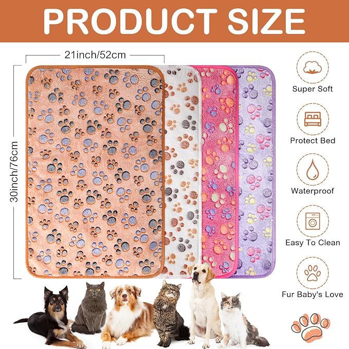 Panelee 4 Pcs Washable Dog Blankets Waterproof Cute Paw Print Fleece Blanket Reusable Puppy Blankets for Small Medium Pet Cat Whelping Warm Soft Mat Guinea Pig Cage Liners(30 x 21 Inch)