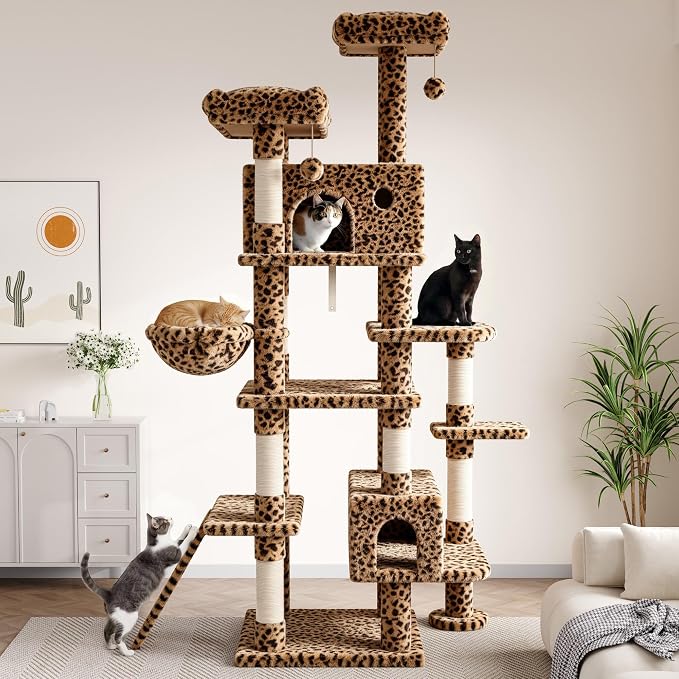 SHA CERLIN 82 inch, Multi-Level Cat Tree Tower for Indoor Cats, Cat Condo with Sisal Scratching Posts, Plush Perches, Hammocks, Toy Balls, Leopard Print