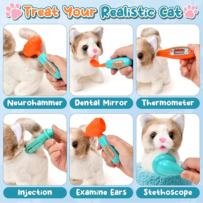TUZT 17PCS Interactive Cat Toys for Kids, Toys for 3 4 5 6 7 8 Year Old Girls Kids Boys, Walking & Meowing Cat Toy with Sound, Veterinarian Playset for Toddlers, Idea Birthday Gifts for Little Girls