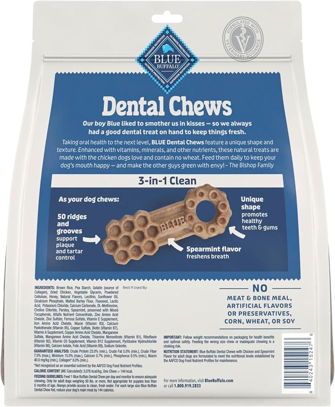 Blue Buffalo Natural Dental Chews for Large Dogs 50 lbs. and up, Chicken & Spearmint, Daily Teeth Cleaning Dog Treats, Enhanced with Vitamins & Minerals, 33-oz. Bag (21 Treat Count)