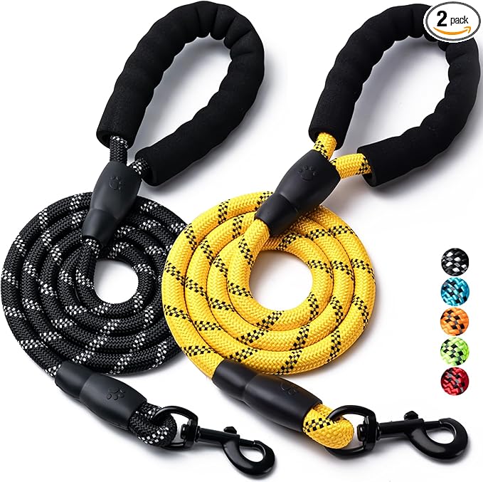 2 Pack Dog Leash, 4/5//6 FT Heavy Duty Nylon Rope Pet Leashes with Comfortable Padded Handle, Reflective Dog Leashes for Small Medium and Large Dogs (5FT-1/2,Black/Yellow)