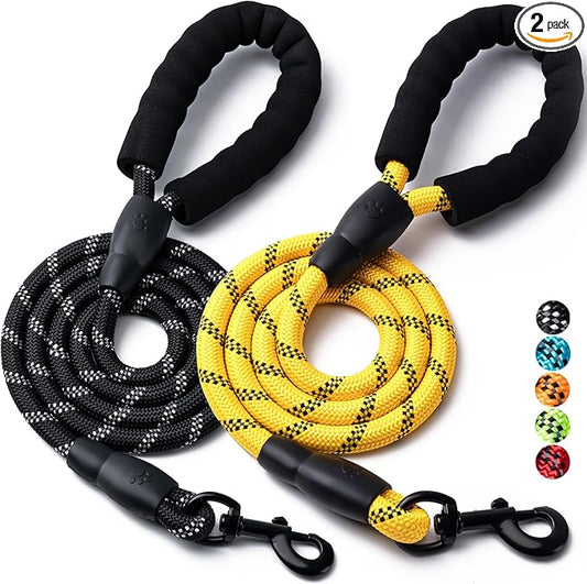 2 Pack Dog Leash, 4/5//6 FT Heavy Duty Nylon Rope Pet Leashes with Comfortable Padded Handle, Reflective Dog Leashes for Small Medium and Large Dogs (6FT-1/2,Black/Yellow)