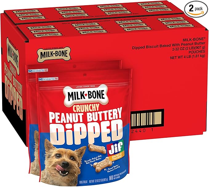 Milk-Bone Peanut Buttery Dipped Dog Biscuits with Jif Peanut Butter, 32 Oz. Bags (Pack of 2)