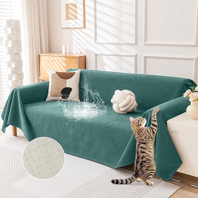 Deep Dream Cat-Scratch Resistant Couch Cover, Waterproof Sofa Cover for 3 Cushion Couch Washable, Pet Friendly Couch Protectors Anti Slip Thickened Love Seat Slipcovers for Dogs Pets,91" x 150",Green