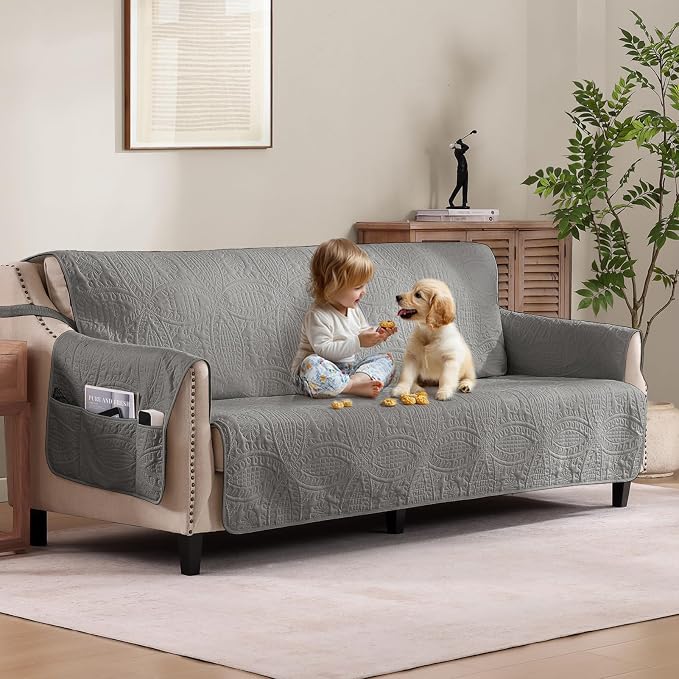 Quilted Grand Sofa Covers Washable, Couch Cover for Grand Sofa, Soft Cozy Couch Protector for 4 Cushion Couch, Oversized Grand Sofa Slipcovers Water-Repellent (Grand Sofa 88", Cool Gray)