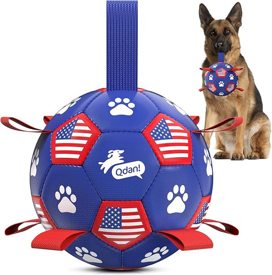 QDAN Dog Toys, Soccer Ball with Straps, Durable Dogs Balls for Extra Large Breeds, Beach Pool Water Toy, Dog Birthday Gifts, Herding Balls (9 Inch)