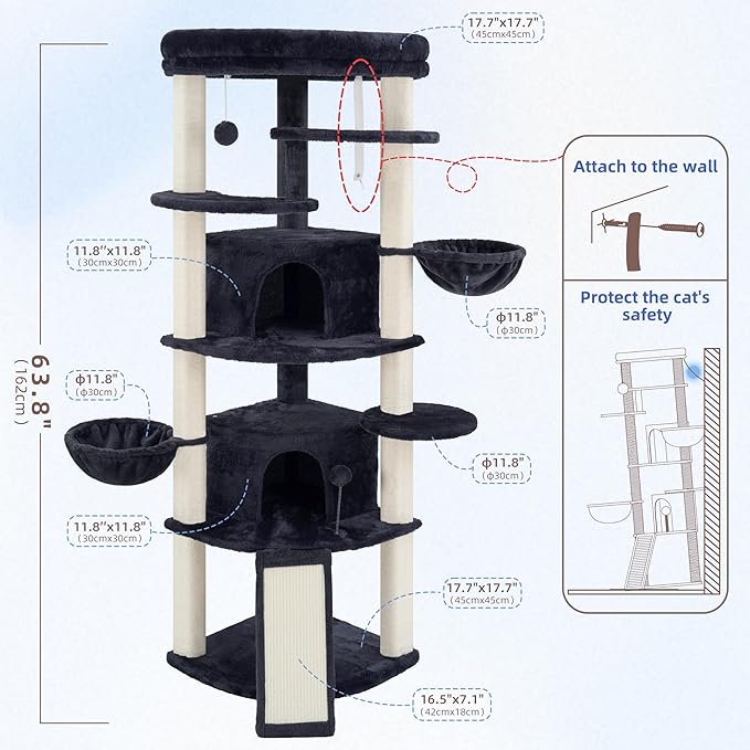 Gitelsnour Corner Cat Tree for Indoor Cats, Cat Tower with All Sisal Scratching Posts, Multi-Level Cat Condo wth 2 Large Cat Caves, Big Top Perch, 2 Hanging Baskets, Sisal Ramp, Drak Gray GCT035G