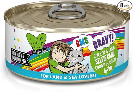 Weruva B.F.F. OMG - Best Feline Friend Oh My Gravy!, Selfie Cam! with Chicken & Lamb in Gravy Cat Food, 5.5oz Can (Pack of 8)