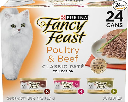 Fancy Feast Poultry and Beef Feast Classic Pate Collection Grain Free Wet Cat Food Variety Pack - (Pack of 24) 3 oz. Cans