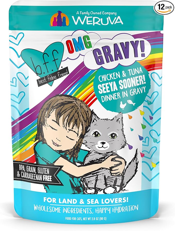 Weruva B.F.F. OMG - Best Feline Friend Oh My Gravy!, Seeya Sooner! with Chicken & Tuna in Gravy Cat Food, 2.8oz Pouch (Pack of 12)