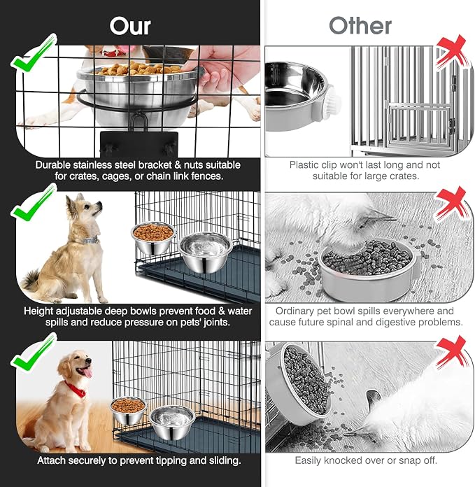Dog Crate Bowls Hanging No Spill, 2 Pack 47oz & 56oz Crate Water Bowl Stainless Steel Kennel Food Bowl Water Dispenser Set Mountable Cage Accessories Metal Feeder Dish Coop Cup for Large & Medium Pet