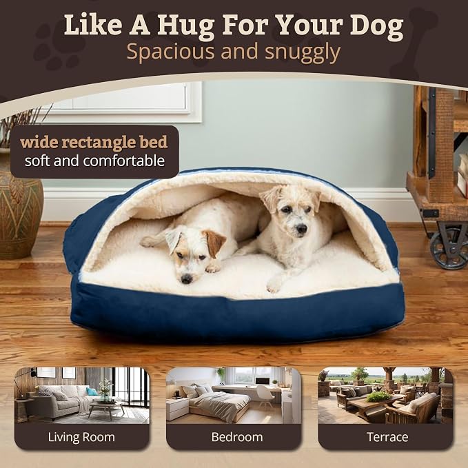 Snoozer Rectangle Cozy Cave Dog Bed - Indoor Dog Bed with Cover Cave, Covered Calming Burrow for Small Sized Pets with Blanket Attached, Enclosed, Washable Cover - Small, Saphire