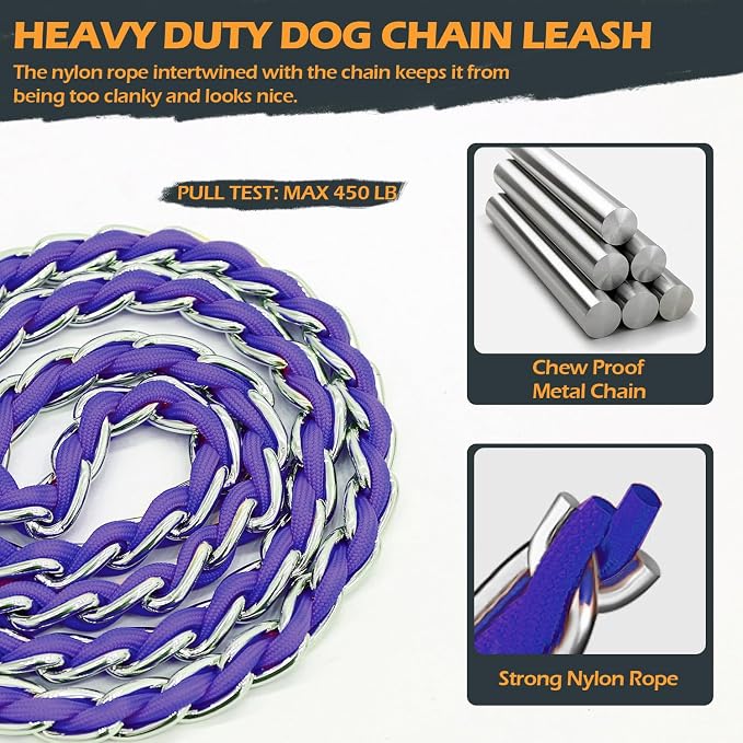 Chain Dog Leash Chew Proof Metal Leash for Medium Large Dogs, Chain Link Dog Anti Chew 5.2FT / 4FT Strong Anti Bite Comfortable Soft Padded Handle (Purple, 5.2FT(80-150lb))
