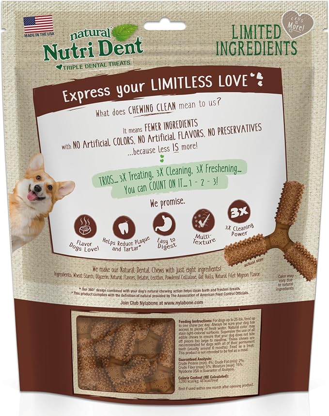 Nylabone Nutri Dent Dog Dental Chews - Natural Dog Teeth Cleaning & Breath Freshener - Dental Treats for Dogs - Filet Mignon Flavor, Small (1 Count)