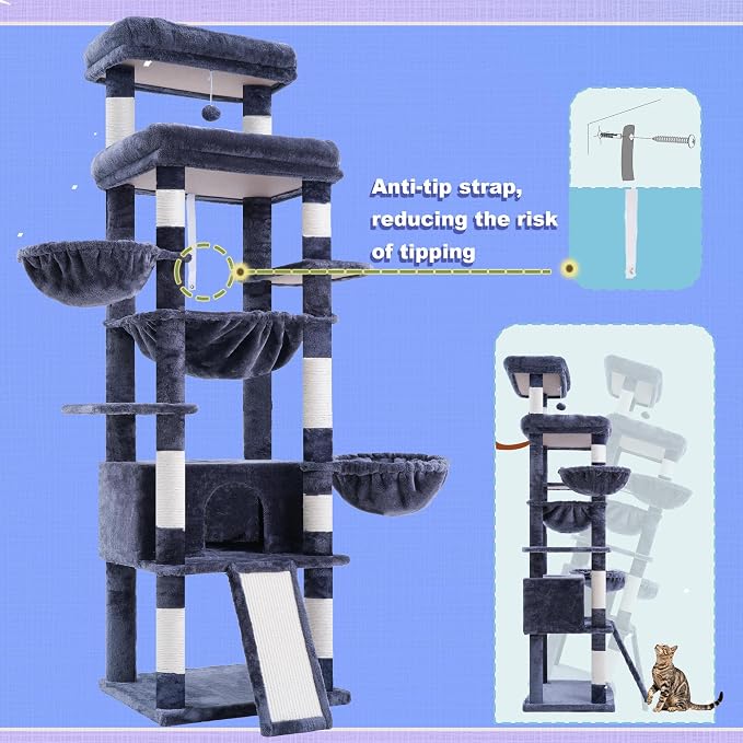 Hey-brother Cat Tree Tower, Scratching Posts with Extra Large Platform and Basket, Specious Condo, 2 Cozy Hammocks, Scratch Board for Indoor Adult Cats, Maine Coon 71.7 inches, Smoky Gray MPJ080G