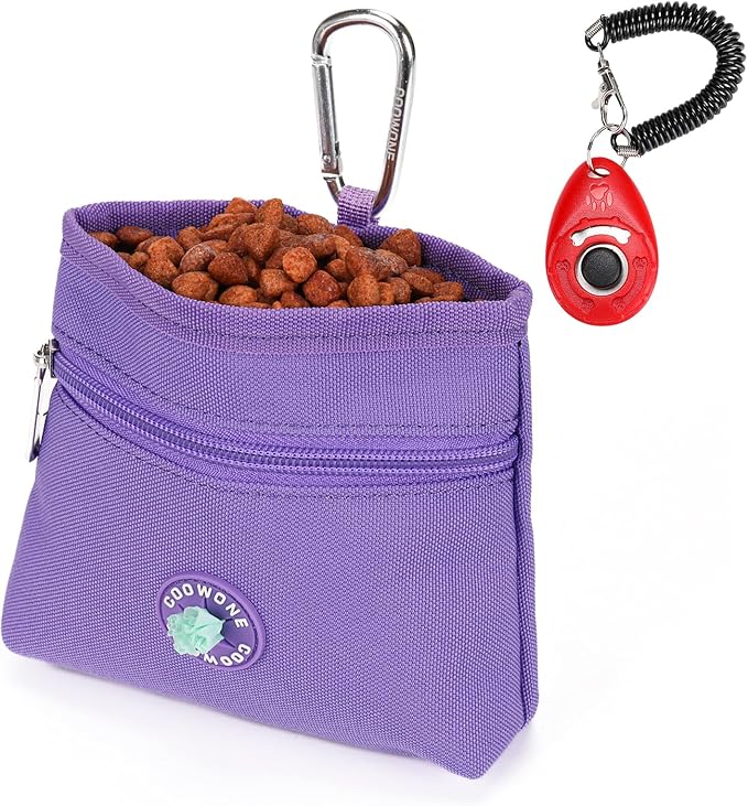 Dog Treat Pouch with Pet Training Clicker, Detachable Dog Puppy Training Treat Bag, 900D Oxford Cloth Magnetic Closure Small Dog Walking Bag for Travel or Outdoor Use (Purple)