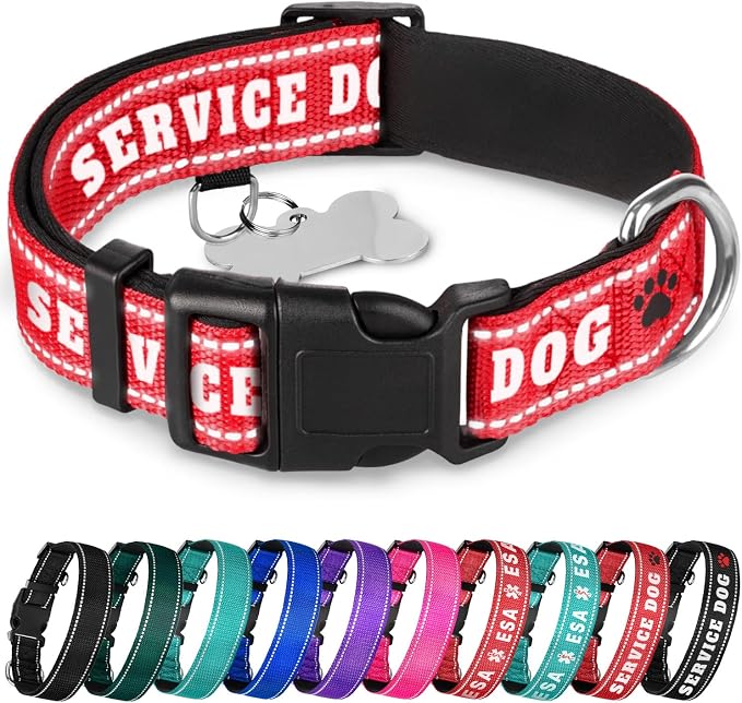 TECEUM Reflective Pet Collar – Red - Service Dog – XS – Extra Soft Padding – Basic Nylon Dog Collar – Quick Release Buckle – Fits Small, Medium and Large Dogs, Puppies, Cats