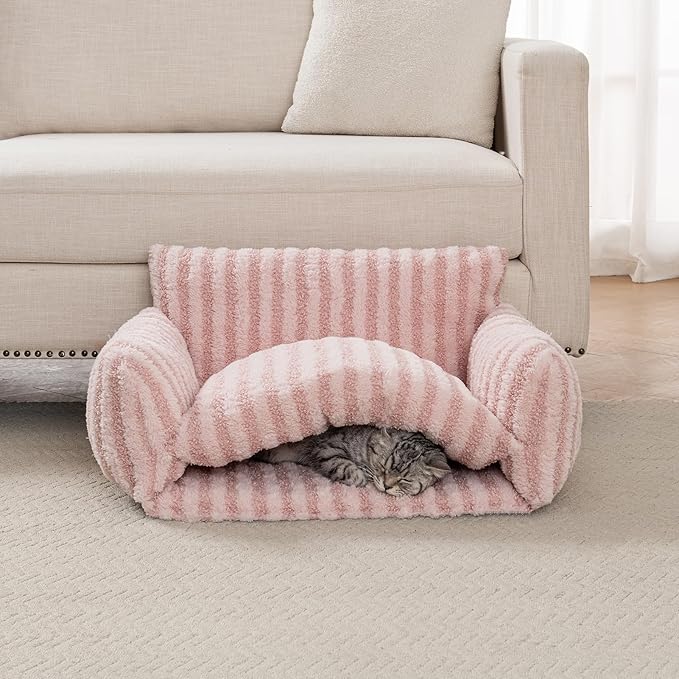 Hollypet Cat Bed Fluffy Plush Multifunctional Double-Layer Machine Washable Soft Warming Kitty Pet Couch Orthopedic Nest Beds for Small Cats Kitten and Dogs up to 13lbs, Pink(25x20x13 inch)