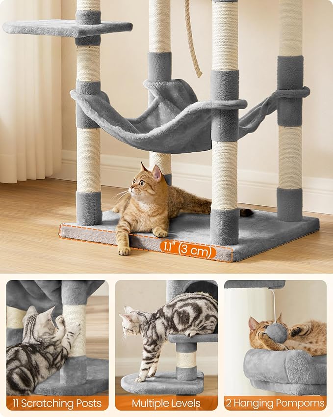 Feandrea Cat Tree, 55.8-Inch Cat Tower, Multi-Level Plush Condo with 11 Scratching Posts, 2 Perches, Hammock, Cave, Light Gray UPCT15W