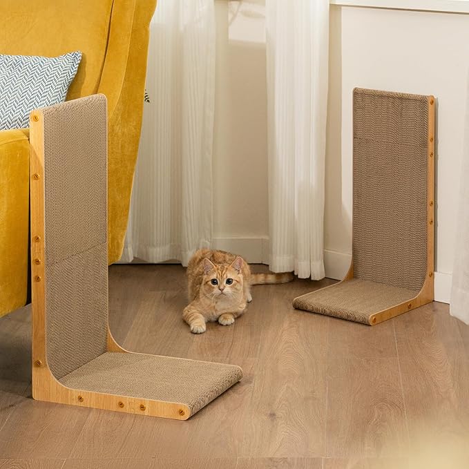 Conlun Cardboard Cat Scratcher, 23" L-Shaped Scratch Pad, Vertical Wall-Leaning Scratching Board to Protect Furniture for Indoor Cats,Wood Grain Large,2-Pack