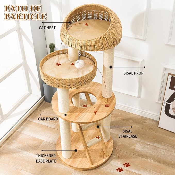 Big Modern Design Cat Tree Tower, Cat Tower Sisal-Covered Scratching Posts for Indoor Cats, Natural Oak Wood Cat Tree for Large Cats, Multi-Level Cat Condo with Sisal Staircase