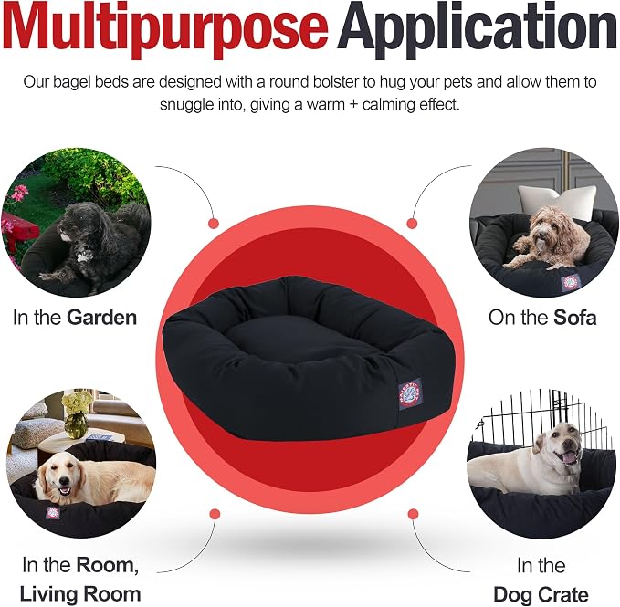 Majestic Pet 24 Inch Bagel Calming Dog Bed Washable – Cozy Soft Round Dog Bed with Spine Support for Dogs to Rest their Head - Fluffy Donut Puppy Mat 24x19x7 (Inch) Small – Black