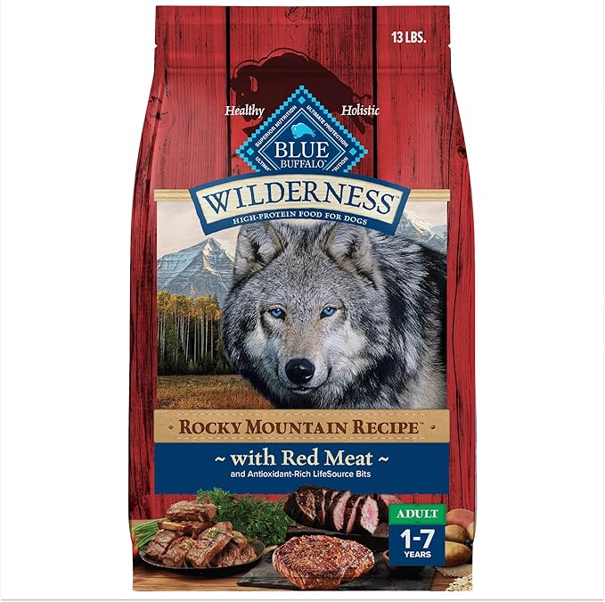 Blue Buffalo Wilderness Rocky Mountain Recipe with Red Meat High Protein with Grains Dry Dog Food for Adult Dogs, 30% Protein, Supports Immunity With Antioxidant-Rich LifeSource Bits, 13 lbs.