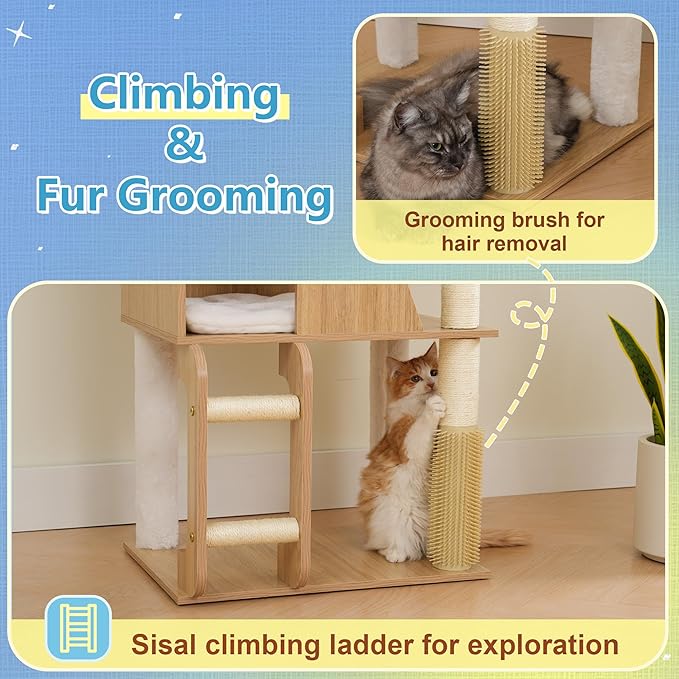 Hey-brother Wooden Cat Tree, 69.7 inch Cats Furniture Tower with Large Platforms, Hammocks, Spacious Condo, Full Sisal Scratching Posts, Ladder, Brush, Water Proof Surface, White Oak MPJ121BT