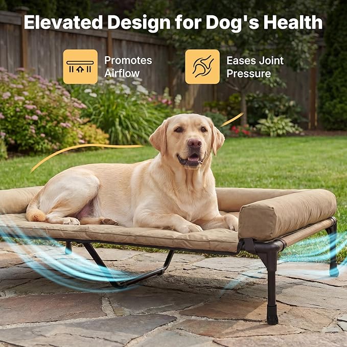 Veehoo Cooling Elevated Dog Bed Add Removable Waterproof Bolster Cushion Mat, Raised Pet Cot with Breathable Teslin Mesh, No-Slip Feet, Dog Couch Bed for Indoor Outdoor, 53 inches, Beige Coffee