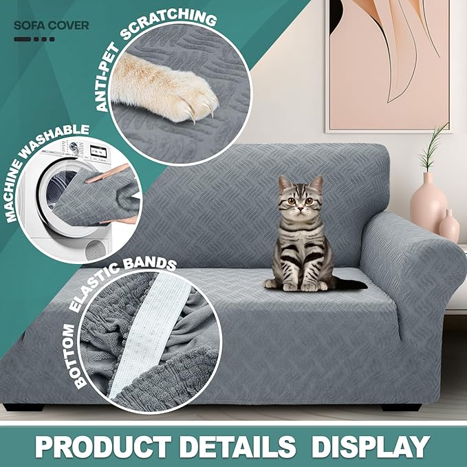 YEMYHOM Couch Cover Latest Jacquard Design High Stretch Sofa Covers for 3 Cushion Couch, Pet Dog Cat Proof Slipcover Non Slip Magic Elastic Furniture Protector (Large, Leaf Pattern Light Gray)
