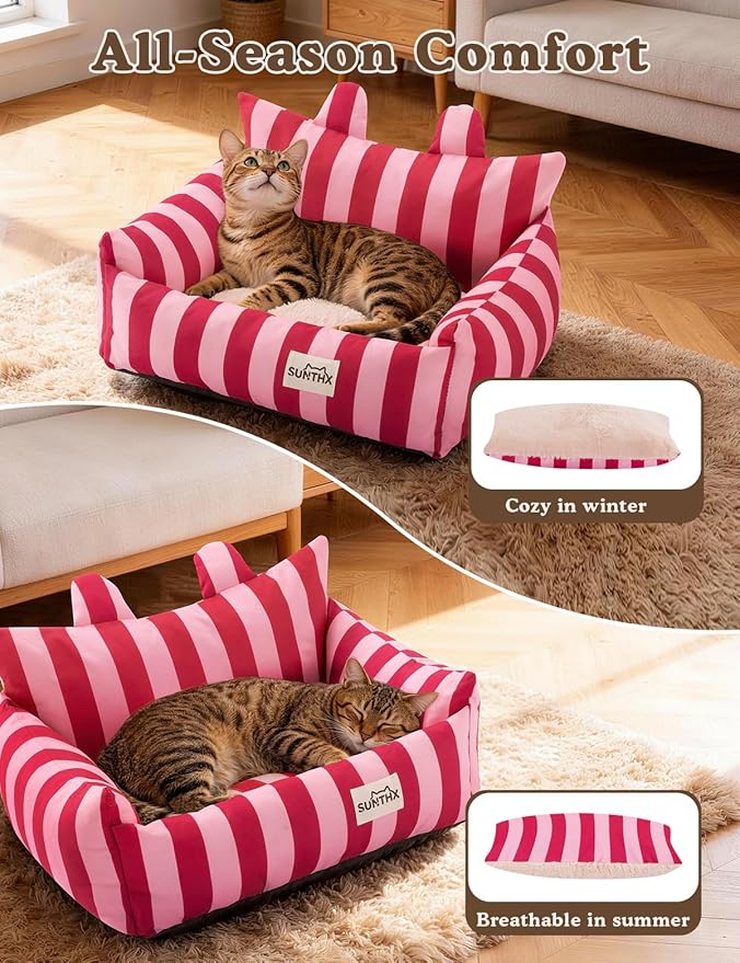Cat Couch, Reversible Pet Bed for Indoor Cats – 2-Sided Cat Sofa with Oxford Fabric and Plush Fleece, Washable Small Dog Couch for Puppies and Senior Pets, Non-Slip Bottom, 22 inch, Pink Red