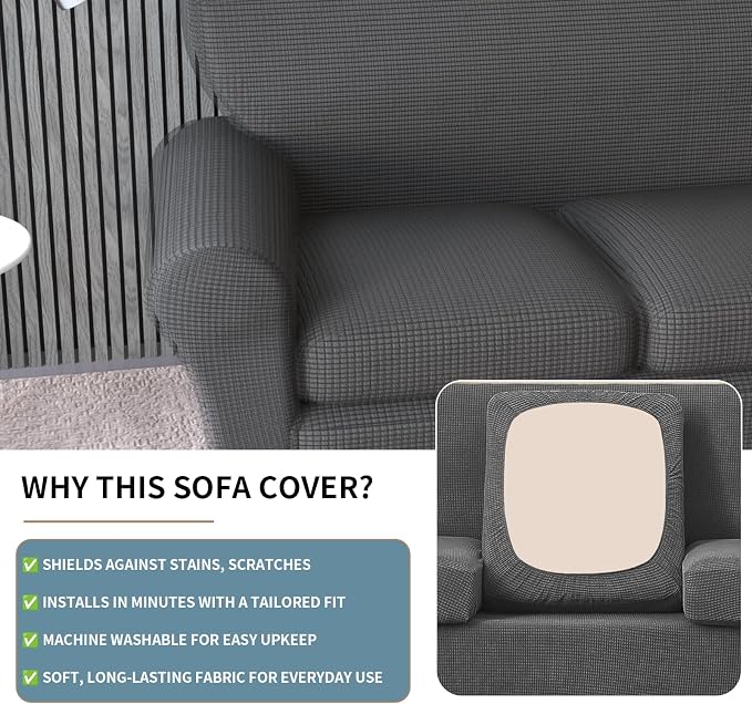 Stretch Couch Covers for 2 Separate Cushion Couch Sofa -Living Room Couch Sofa Cover,Washable Sofa Slipcover,Pet Friendly Furniture Protector with Elastic Bottom,Universal Fit for Home(Gray,Loveseat)