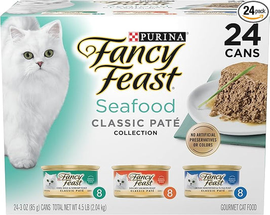 Purina Fancy Feast Seafood Classic Pate Collection Grain Free Wet Cat Food Variety Pack - (Pack of 24) 3 oz. Cans