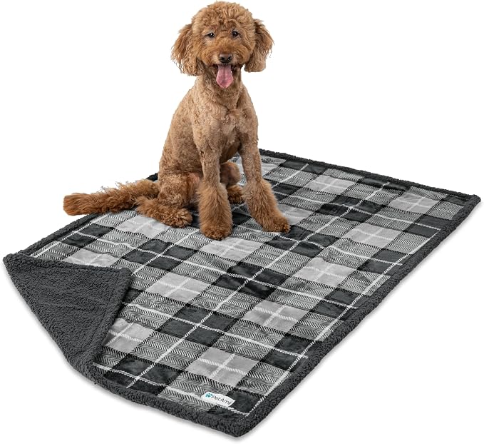 PetAmi Waterproof Dog Blanket for Couch, Extra Large 80x60, Pee Proof Sherpa Fleece Reversible Pet Throw, Furniture Protector for Bed Sofa Crate Kennel, Soft Washable Cover for Dogs Cats, Plaid Grey