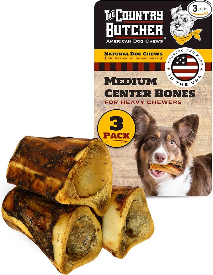 THE COUNTRY BUTCHER 4" Beef Marrow Dog Bones for Aggressive Chewers, Large and Medium Breed Dog Treat, Natural, Tough, Chew Toy, Made in the USA, 3 Count