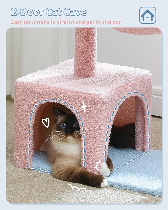 MUTTROS Flower Cat Tree with Large Metal Frame Hammock, 35" Pink Cat Tower with Sisal Scratching Posts for Small Indoor Cats, Cat Condo with Blue Top Perch for Kittens, Fluffy Ball, Pink