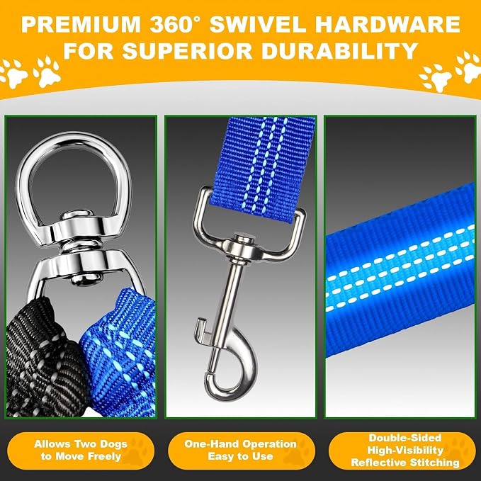 Double Dog Leash for Two Dogs, Professional No Tangle 360° Swivel Coupler with Shock Absorbing Bungee, Adjustable Length Dual-Sided Reflective Two Dogs Lead Splitter for Small Medium Large Dog