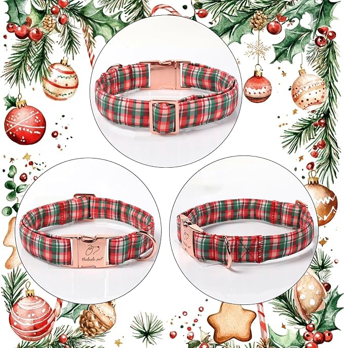 Christmas Plaid Dog Collar for Large Dogs - Green & Rose Tartan Christmas Collars for Dogs, Sweet Festive Winter Heavy-Duty Adjustable Dog Collars with Metal Buckle XL