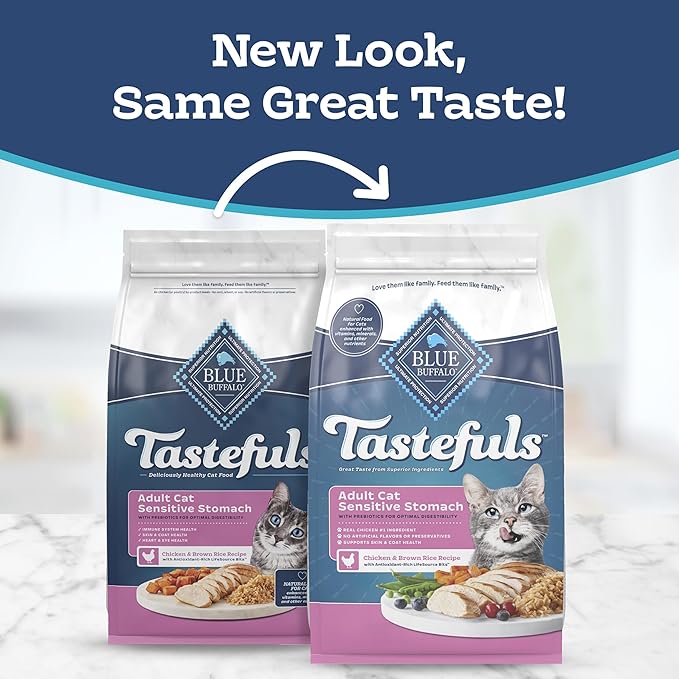 Blue Buffalo Tastefuls Chicken & Brown Rice Recipe Sensitive Stomach Adult Dry Cat Food, Real Chicken First, Deliciously Healthy Natural Cat Food, Natural Ingredients, Supports Digestion, 15-lb Bag